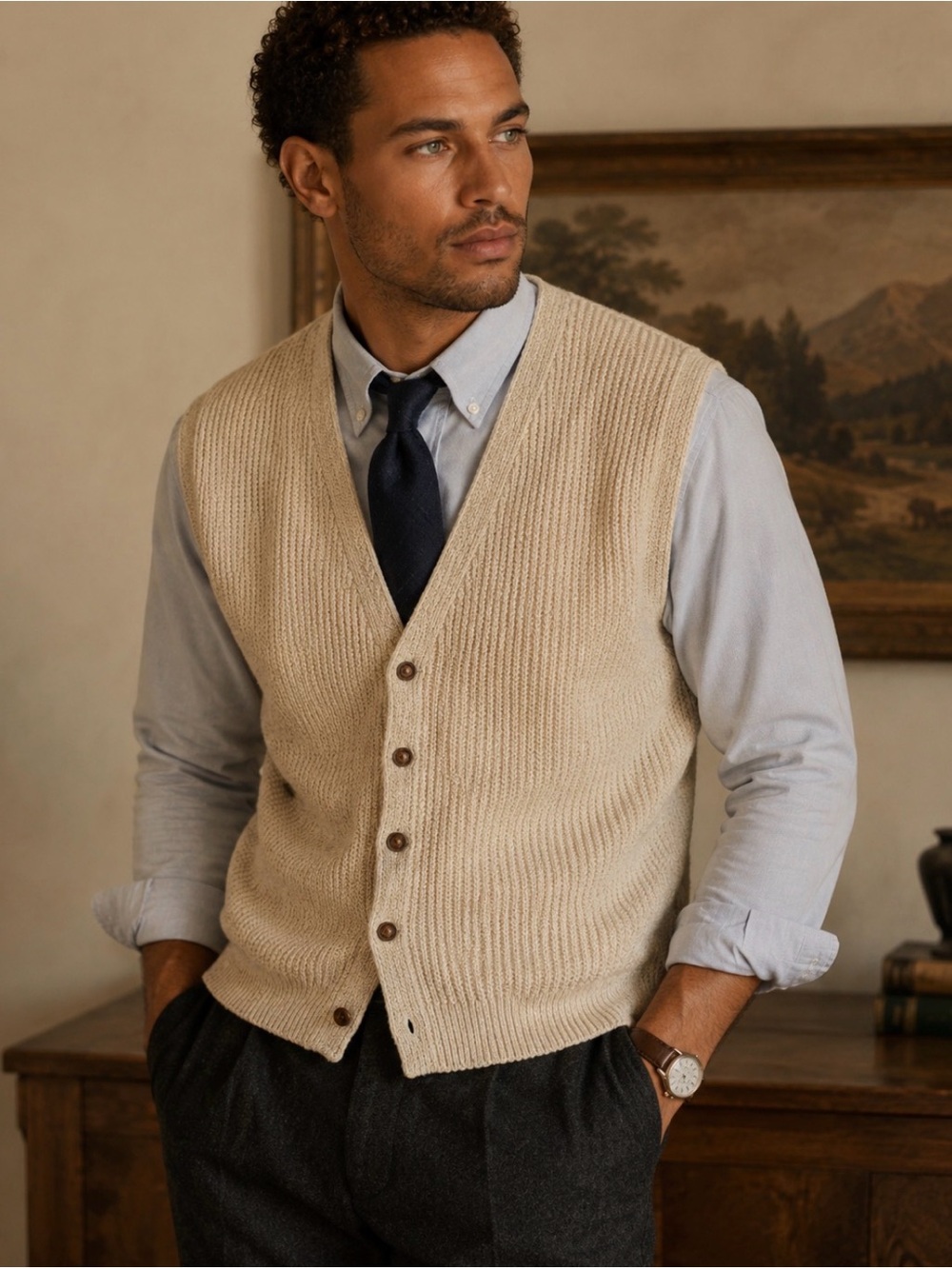 VTG 90’s Eddie Bauer Men's Beige Knit Button Vest